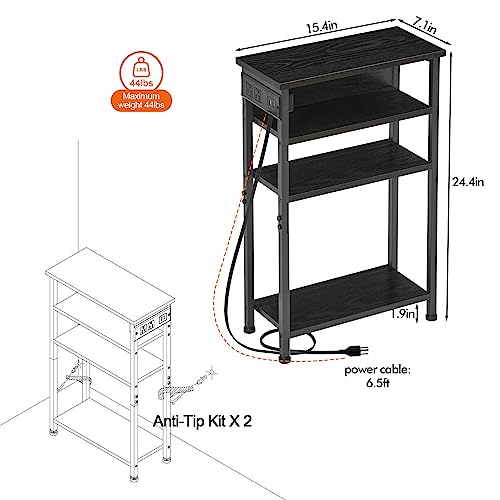 AMHANCIBLE Narrow Side Table with Charging Station, End Table for Small Spaces, Skinny Nightstand with Storage Shelf, Narrow End Table with USB Ports, Black HETN04BK