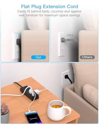 Cruise Ship Essentials, Flat Plug Extension Cord, Power Strip with 6 Outlets 3 USB Ports(2 USB C), 5ft Outlet Extender with Wall Mount No Surge Protector for College Dorm Room Travel Essentials