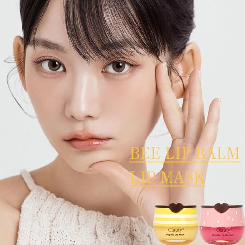 Deepmind 2 PCS Bee Lip Balm Lip Mask Honey Pot, Honey & Strawberry Lip Mask Propolis Moisturizing Lip Balm with Stick - Hydrating Prevention Dry and Cracked Lip Scrubs Exfoliato Lip Wrinkle Care