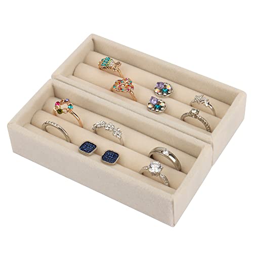 DesignSter Small Jewelry Tray, 2PCS Ring Organizer, Velvet Jewelry Display Tray, Stackable Jewelry Organizer Trays, Jewelry Drawer Organizer Inserts For Dresser, Jewelry Box (Beige)