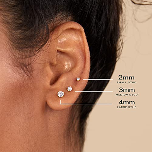 PAVOI 14K Gold Plated Round Cubic Zirconia Flat Back Studs (3 Millimeters, Yellow Gold)