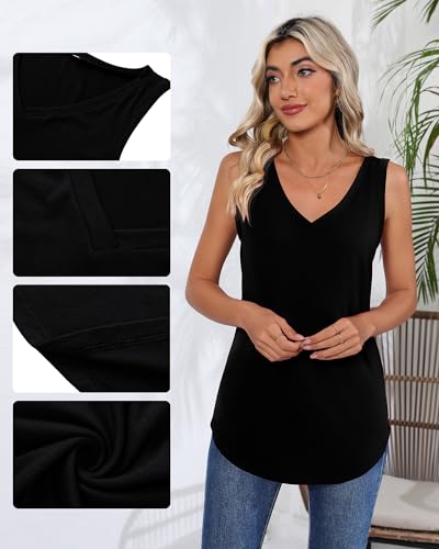 Huukeay 2 Pcs Women Tank Tops Sleeveless Deep V Neck Casual Tops Solid Color Basic Summer Loose Fit T Shirts(Black, White, Small)