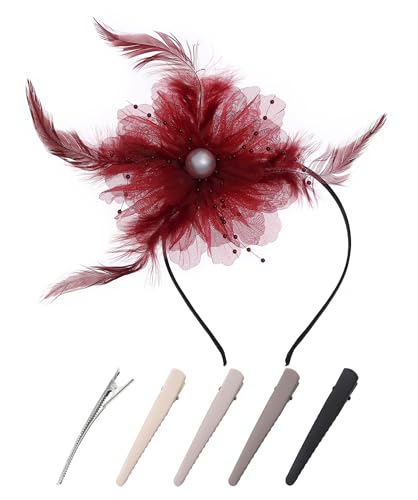 Taouzi Fascinators Hats for Women Tea Party Pink Purple Gold Fascinators Flower Mesh Ribbons Feathers on a Headband and a Clip Tea Party Headwear for Women Style 1
