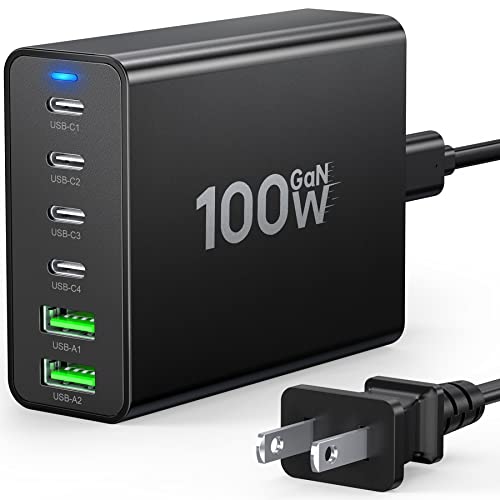 USB C Fast Charger 100W GaN Compact Charging Station 6 Port USB Type C Charging Block Hub Power Strip, 4 PD USB C 2 QC USB A Wall Charger for iPad iPhone 15 14 13 12 11 Pro Max Pixel Note Galaxy