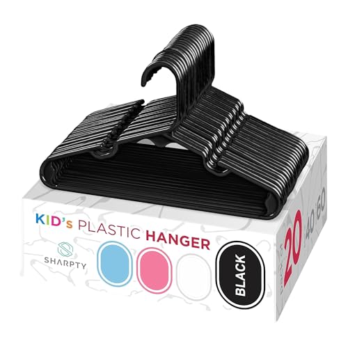 Sharpty Kids Plastic Hangers, Children's Hangers for Baby, Toddler, and Child Clothes - Everyday Standard Use - Ideal for Boys and Girls Closet, Clothing, Pants, Coats, and More - Black, 20 Pack