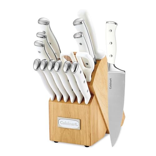 Cuisinart 15-Piece Knife Set with Block, High Carbon Stainless Steel, Forged Triple Rivet, White, C77WTR-15P