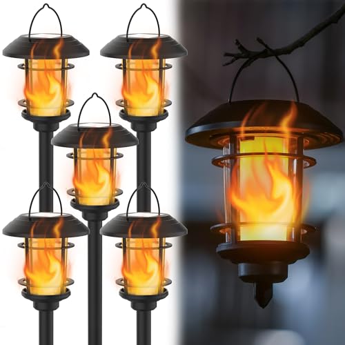 Dynaming 6 Pack Christmas Solar Torch Lights Outdoor, Flickering Flame Torch Candy Cane Marker, Solar Powered Xmas Decorative Lights, Waterproof & Auto On/Off for Patio Walkway Driveway