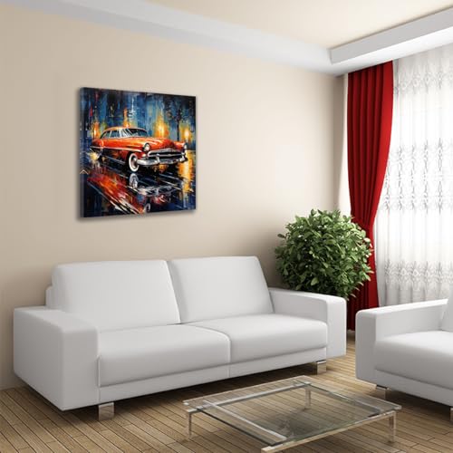 QIXIANG Abstract Car Wall Art Retro Red Car Picture Wall Decor Modern Home Decor Artwork Boys Room Bar Office Decor Ready to Hang (Red Car 2, 12.00" x 12.00")