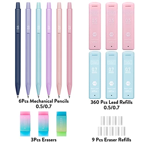 Four Candies Cute Mechanical Pencil Set, 6PCS Pastel Mechanical Pencils 0.5 & 0.7mm with 360PCS HB Pencil Leads, 3PCS Erasers and 9PCS Eraser Refills, Aesthetic Mechanical Pencils for Girls Writing