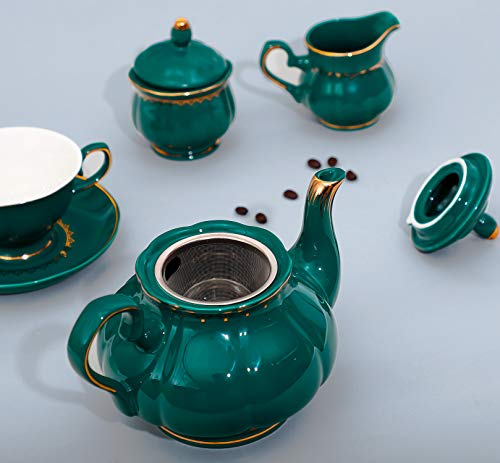 CHENP.HMC Tea Set 22-Piece Porcelain Ceramic Coffee Tea Sets Cups Saucer Service for 6 Teapot Sugar Bowl Creamer Pitcher and Teaspoons Porcelain Tea Set(Dark Green)