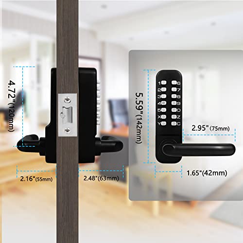 Casmer Upgrade Mechanical Door Lock with Adjustable Deadlatch 2-3/8'' and 2-3/4'',Outdoor Keyless Gate Lock with Handle, Waterproof Mechanical Keypad Door Lock (Black)