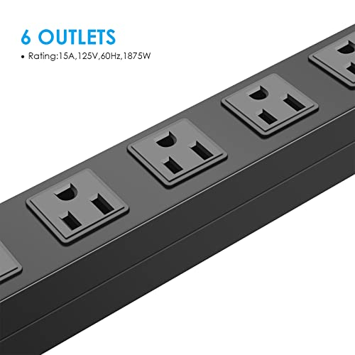 Metal Wall Mount Power Strip, Mountable Power Outlet with 6 AC Outlets, Aluminum Alloy Mount Power Socket with Switch, 3 FT SJT 3/C 14AWG Power Cord, 15A 125V 1875W (6AC) Black