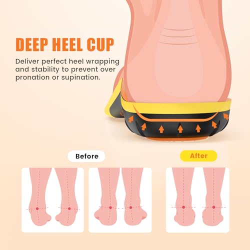 BestHalo Plantar Fasciitis Insoles - High Arch Support Inserts, Gel Cushion, Relief for Flat Feet - 220+ lbs Orthotics Insoles Ideal for Work Boots (Orange, Men 7-8.5 | Women 8-9.5)