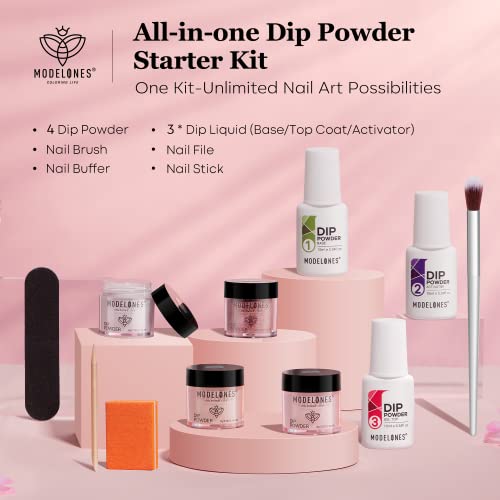 Modelones Dip Powder Nail Kit Starter, 4 Colors Nude Pink Bubble Bath Glitter Snow White Skin Nail Dip Powder Kit with Dip Powder Liquid Set Base Top Activator DIY Kit