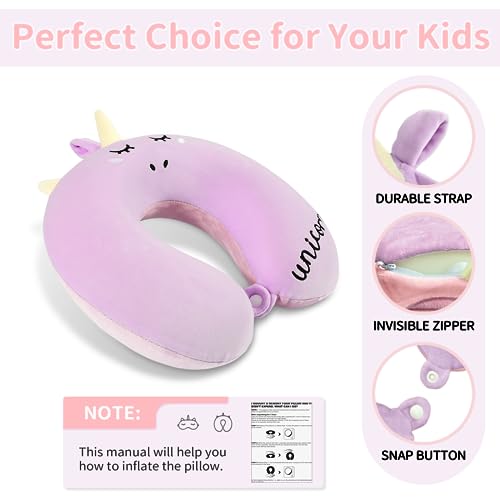 urnexttour Travel Neck Pillow for Kids, Best Unicorn Gifts for Girls with Drawstring Backpack/Necklace/Sleep Mask &Earplugs, Travelling Pillow Set for Airplane, Car, Train, Bus and Home Use (Pink)