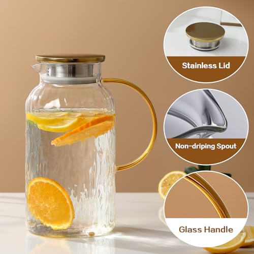 Wlasss Glass Pitcher with Lid, 68 oz Glass Pitcher, Heat Resistant Glass Pitchers with Handle and Lid for Juice, Coffee, Milk, Cold or Hot Beverages, Easy To Clean