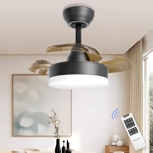 Ensenior 24 Inch Retractable Ceiling Fan with Lights and Remote, Dimmable Retractable Fan Ceiling Light, 3000K-6000K Colors and 6 Speeds, Small Ceiling Fan Retractable Blades for Bedroom - Black