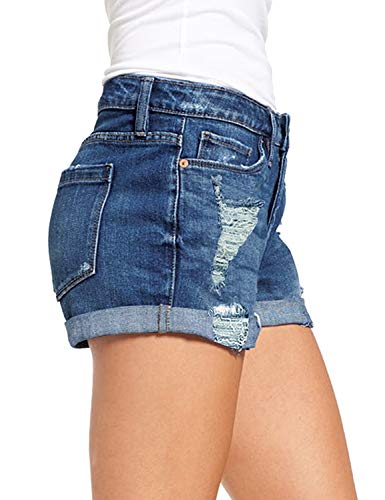 luvamia Women's Ripped Denim Jean Shorts High Waisted Stretchy Folded Hem Short Jeans Black Size Medium