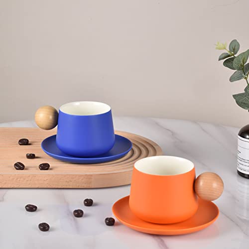 Koythin Ceramic Coffee Mug with Saucer Set, Cute Creative Cup with Round Wooden Handle Design for Office and Home, 10 oz/300 ml for Latte Tea Milk (Bright Blue)