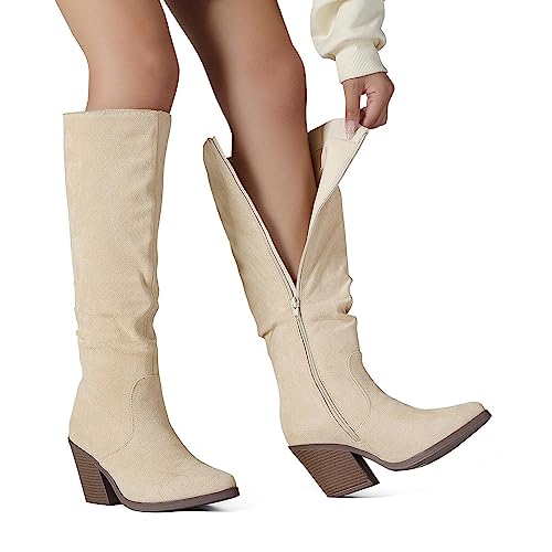 Putu Women's Pointed Toe Knee High Boots Faux Suede Stacked Chunky Heel Boots Side Zipper Slouchy High Boots Beige 5.5