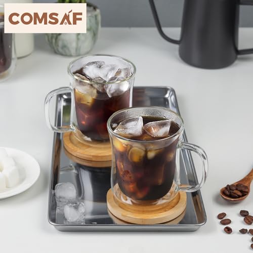 ComSaf Cappuccino Cup 8 oz with handle, Glass Coffee Cups Set of 2, Double Walled Glass Coffee Mugs for Caramel Macchiato, Latte, Flat White, Lungo, Coffee Mug Set Gift for Christmas, Birthday