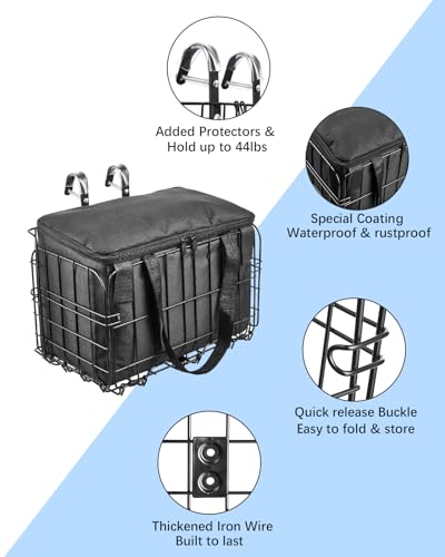 Zacro Bike Basket Front/Rear, Folding Bicycle Basket with Removable Liner Bag, Large Quick Release Design Metal Ebike Basket for Adult Women/Men Carrying Dogs, Pets, Fruit & Grocery