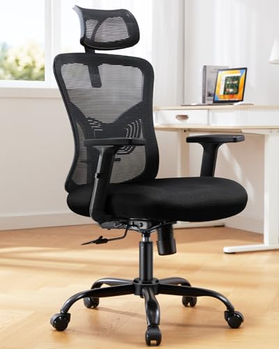 HUANUO Ergonomic Office Chair, High Back Desk Chair with S-Shaped Backrest, Adjustable Lumbar Support, Headrest, Armrest, Mesh Computer Chair with Thicker Seat Cushion and Tilt Function, Black