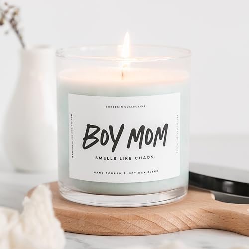 ThreeKin Scented Candles for Boy Mom, Natural Soy Wax Candles for Home, Relaxing Aromatherapy for Moms, Driftwood Essential Oils with a Hint of Chaos, Long Lasting Candle Burns for 75 Hours