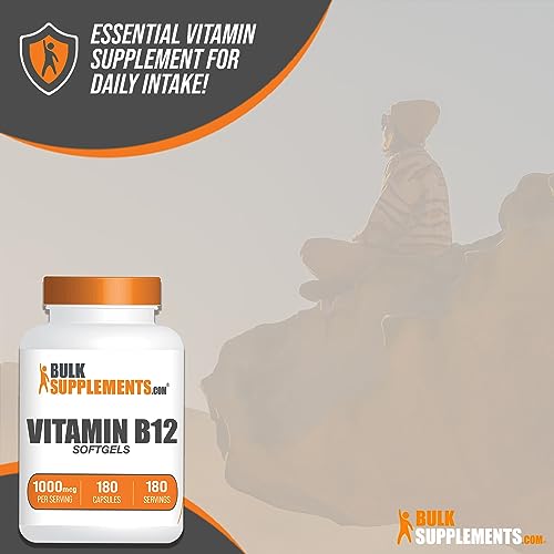 BulkSupplements.com Vitamin B12 1000 mcg Softgels - as Cyanocobalamin, Vitamin B12 Supplement - Essential Vitamin B, Gluten Free, 1 Softgel per Serving, 180 Count (Pack of 1)