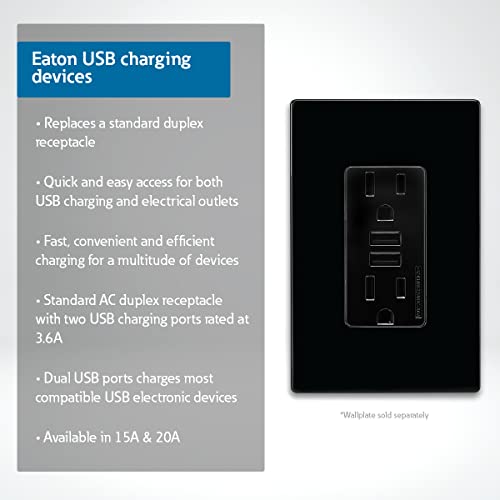 Eaton 3.6A USB Type A Charger with TR Duplex Receptacle 15A/125V, Black