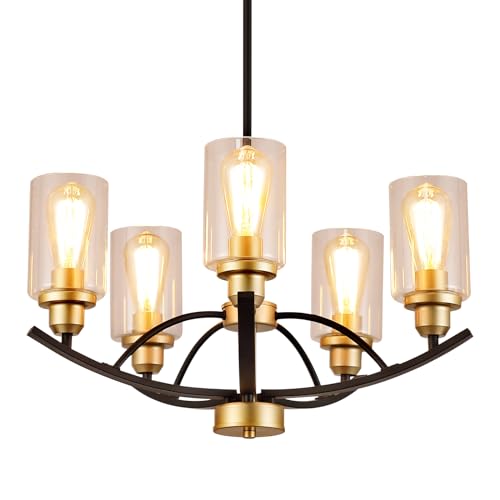 9MMML 5 Lights Glass Chandelier,Wrought Iron Pendant Light Fixtures, Gold+Black Finish Kitchen Island Lighting for Dining&Living Room Foyer Bar