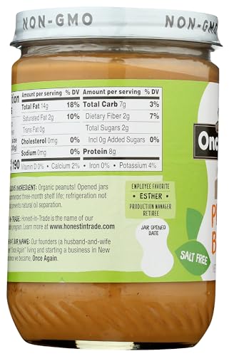 Once Again Organic Creamy Peanut Butter, 16oz - Salt Free, Unsweetened - USDA Organic, Gluten Free Certified, Vegan, Kosher - Glass Jar