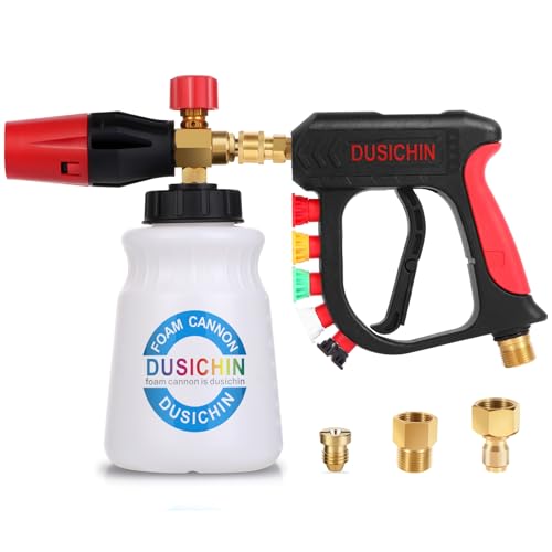 DUSICHIN Foam Cannon Short Pressure Washer Gun 1/4 Inch Quick Connector,Car Wash Foam Gun with 5 Pressure Washer Nozzle Tips 3/8'' Swivel Quick Connector,Additional Orifice Nozzle 1.04mm Car Washing
