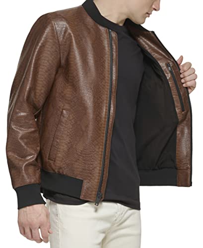 DKNY Men's Faux Leather Varsity Bomber Jacket, Varisty Brown Snake Embossed