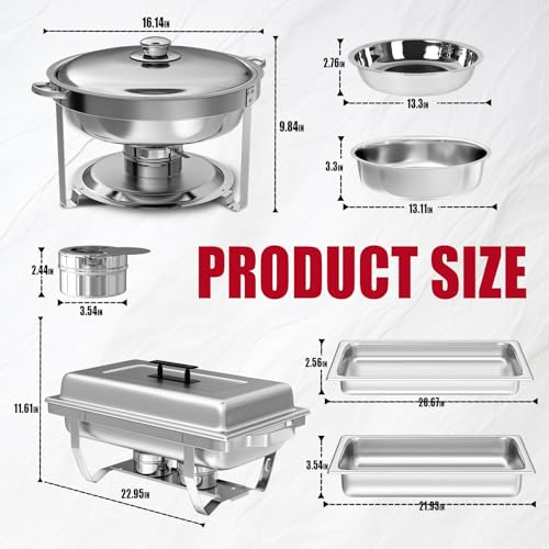 IMACONE Chafing Dish Buffet Set 2 Pack, 8 QT Rectangle & 5QT Round Stainless Steel Chafer for Catering, Chafers and Buffet Warmer Sets w/Food & Water Pan, Lid, Fuel Holder for Event Party Holiday