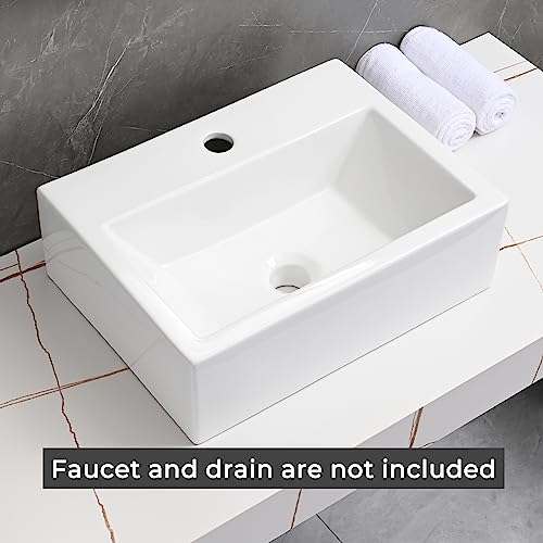DELAVIN 16"x12" in Modern Bathroom Vessel Sink, White Ceramic Bathroom Sink, Rectangle Above Countertop Bathroom Vessel Sink, Ceramic Rectangular Bathroom Vessel Sink With Faucet Hole