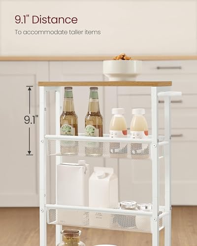 VASAGLE Slim Rolling Cart, 4-Tier Storage Cart, Narrow Cart with Handle, 5.1 Inches Deep, Metal Frame, for Kitchen, Dining Room, Living Room, Home Office, Oak Beige and Classic White ULRC032W09