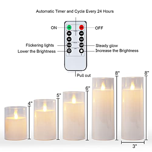 Homemory Amber Flickering Flameless Candles, Battery Operated Acrylic LED Pillar Candles with Remote Control and Timer, Set of 5