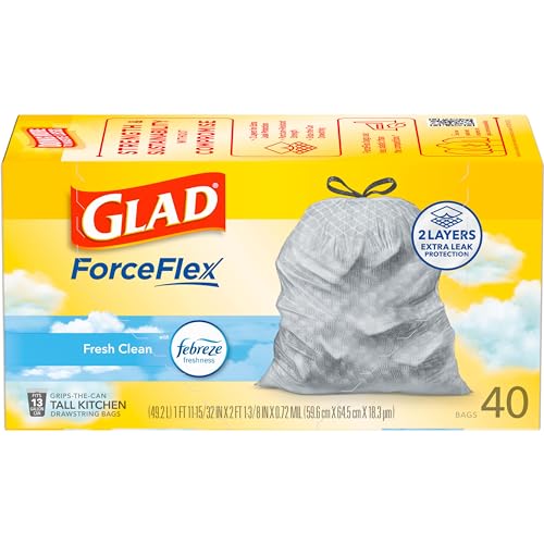 Glad Trash Bags, ForceFlex Tall Kitchen Drawstring Garbage Bags, Fresh Clean, 13 Gal, 40 Ct (Package May Vary)