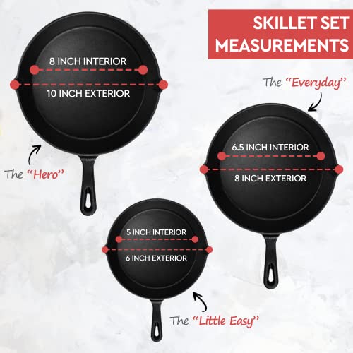 Simple Chef Cast Iron Skillet 3-Piece Set - Heavy-Duty Professional Restaurant Chef Quality Pre-Seasoned Pan Cookware Set - 10", 8", 6" Pans - For Frying, Saute, Cooking, Pizza & More,Black