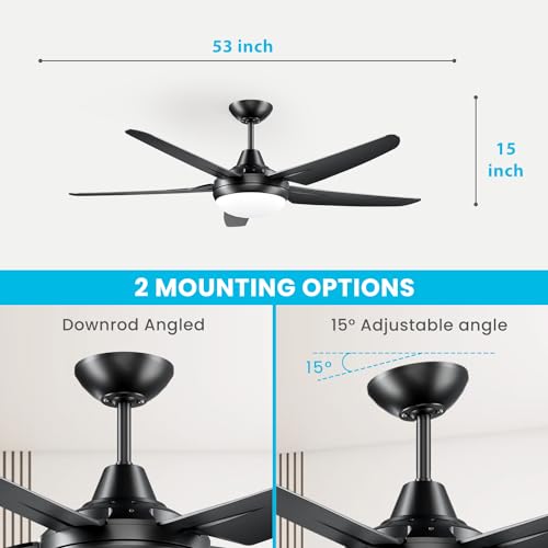 CJOY 54 inch Ceiling Fans with Lights and Remote, Black Ceiling Fan with Light 5 Blades, Dimmable LED 3000K/4000K/6500K, Quiet Reversible DC Motor, 6 Speeds,Timer, Indoor/Outdoor