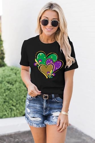 MAIHUN Happy Mardi Gras Shirt Womens Mardi Gras Day Heart Tshirt Tuesday Carnival Tee New Orleans Party Short Sleeve Black