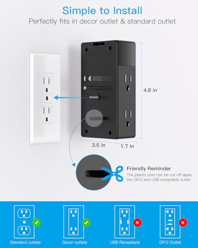 Multi Plug Outlet, Surge Protector, 5 Outlet Extender with 4 USB Charging Ports (2 USB C), USB Wall Charger, 3-Sided 1800J Power Strip Outlets Splitter Wall Plug Adapter Spaced for Home Office, Black