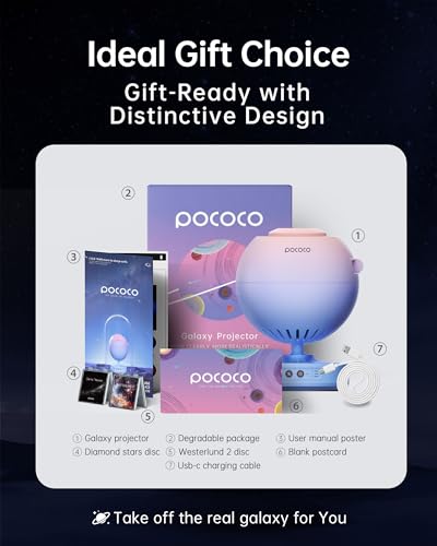 POCOCO Galaxy Star Projector for Bedroom with Replaceable Optical Film Discs, Home Planetarium Night Light Projector with High-Definition Soft Light for Relax, Study, and Meditate, Stress Relief Gifts