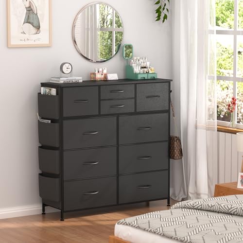 Lulive Dresser for Bedroom with 10 Drawers, Chest of Drawers with Side Pockets and Hooks, PU Storage Dresser, Organizer Unit for Living Room, Hallway, Closet (Black)