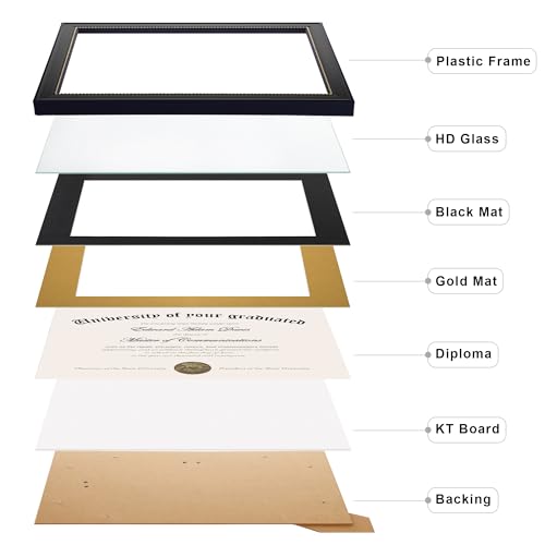 upsimples 11x14 Diploma Frame with High Definition Glass, Display 8.5x11 Certificate with Black over Gold Mat, Degree Document Frame for Wall and Tabletop, Black with Gold Beads, 1 Pack
