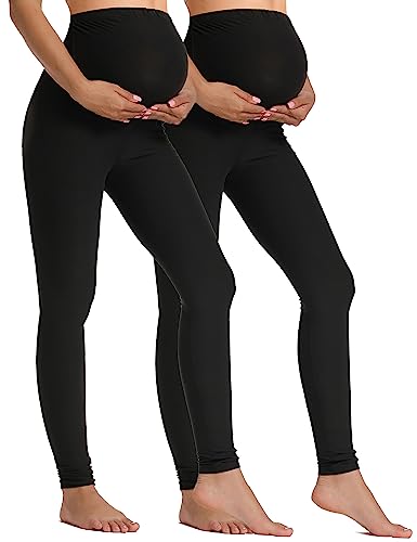 Foucome Women's Maternity Leggings Over The Belly Pregnancy Active Workout Yoga Tights Pants Black-2pack, Small