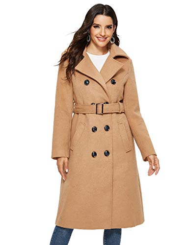 Escalier Womens Wool Coat Double Breasted Pea Coat Winter Long Trench Coat with Belt Camel S