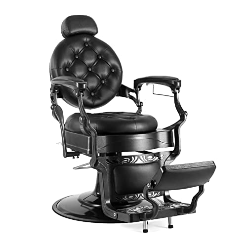 OmySalon Vintage Barber Chair All Purpose Heavy Duty, Hydraulic Recline Salon Beauty Styling Chair Retro Black, 360 Degree Swivel for Hair Stylist Tattoo, Round Base, Tufted Button