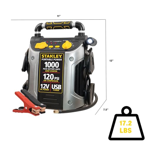 STANLEY J5C09 Portable Power Station Jump Starter 1000 Peak Amp Battery Booster, 120 PSI Air Compressor, USB Port, Battery Clamps